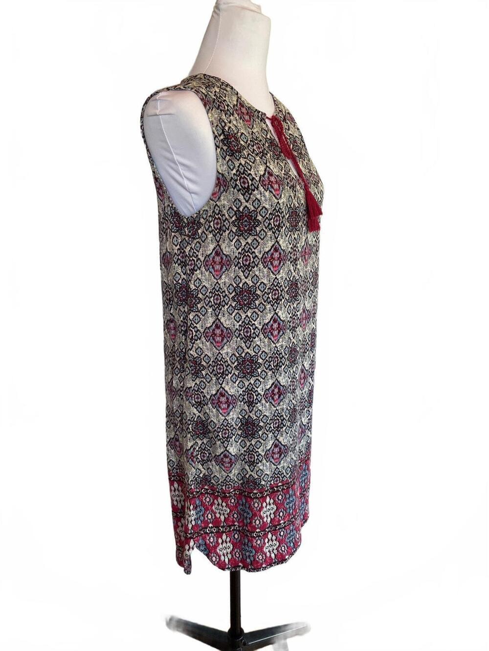 Cream Burgundy Print Shift Dress S Boho Chic Folk Tassel Festivalcore Resortwear - Picture 8 of 8